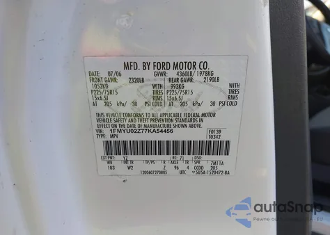 2007 Ford Escape Xls/Xls Manual z USA, uszkodzony, nr VIN 1FMYU02Z77KA54456